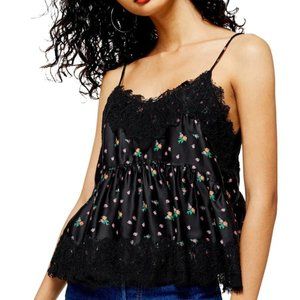 TOPSHOP Ditsy Lace Trim Camisole - Black - Size 2